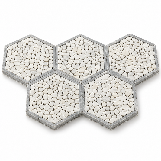 Framed Pebble Hexagon Carrara White and Platinum Grey Tumbled Marble Mosaic Tile — angled sheet showing natural stone edges and mesh backing