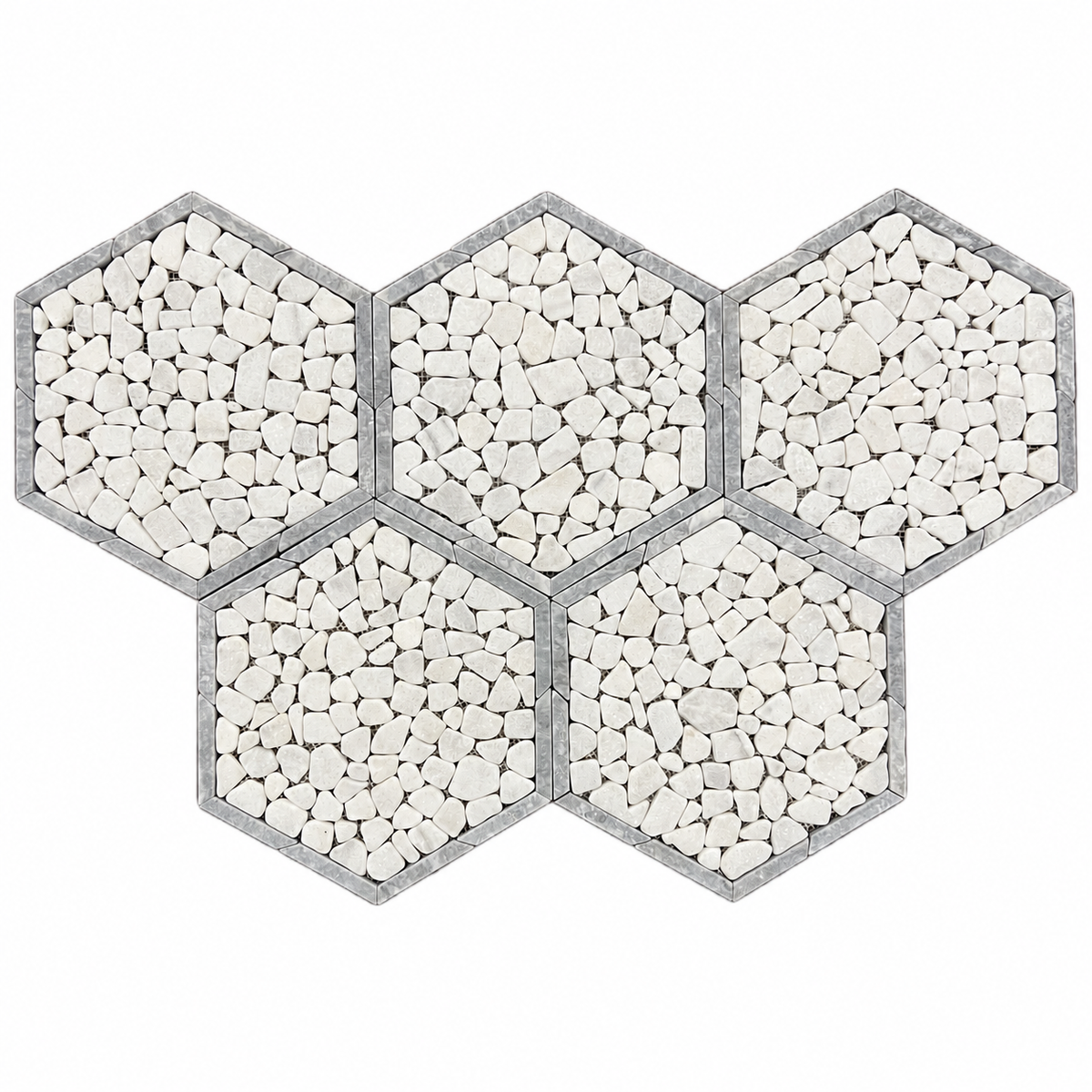 Framed Pebble Hexagon Carrara White and Platinum Grey Tumbled Marble Mosaic Tile — full mesh-mounted sheet on a white background