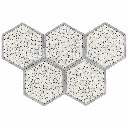 Framed Pebble Hexagon Carrara White and Platinum Grey Tumbled Marble Mosaic Tile — full mesh-mounted sheet on a white background