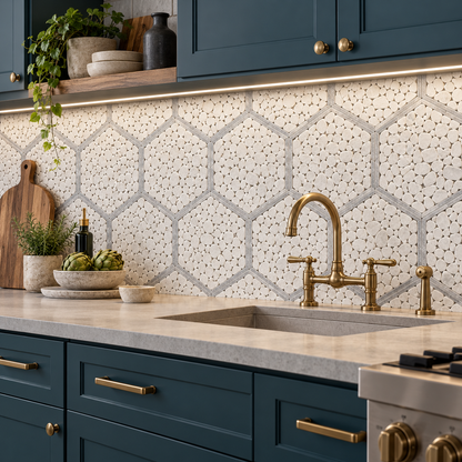 Framed Pebble Hexagon Carrara White and Platinum Grey Tumbled Marble Mosaic Tile — installed as a kitchen splashback