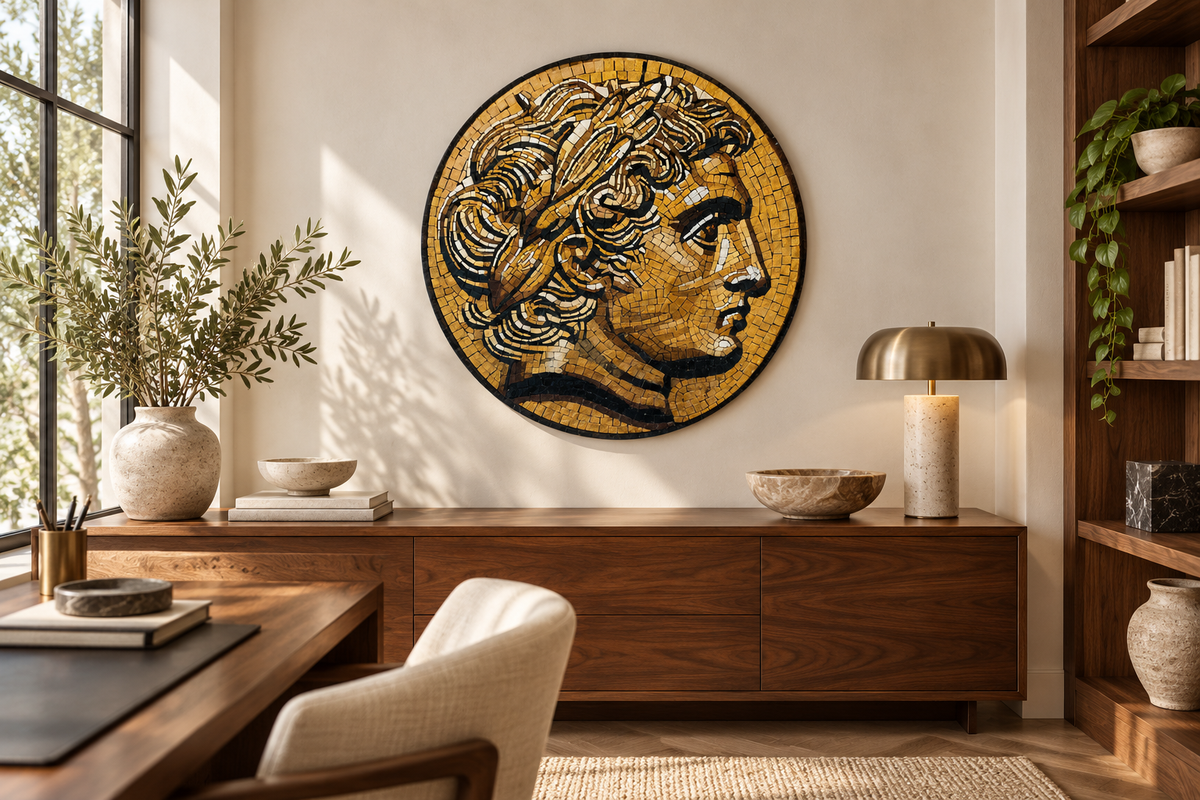AI-generated home interior concept showing The Golden Laureate mosaic artwork