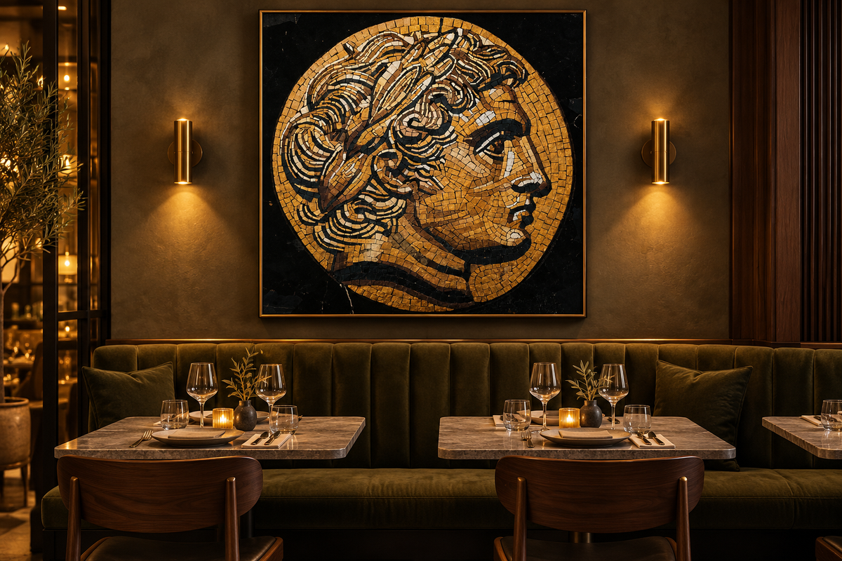 AI-generated restaurant interior concept showing The Golden Laureate mosaic artwork
