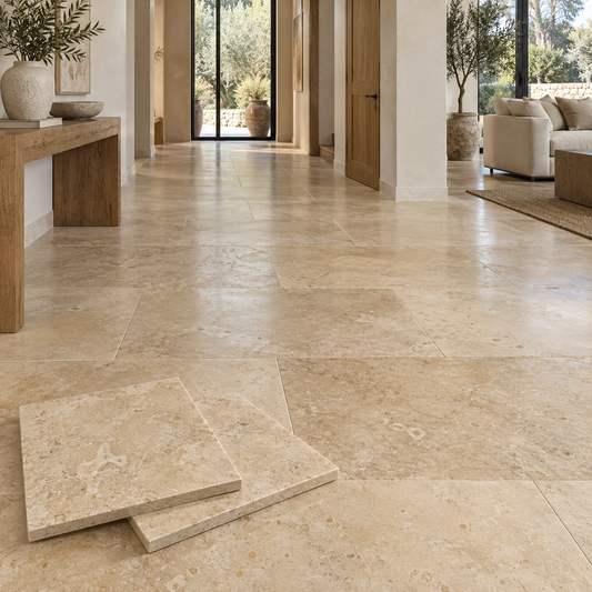 Jerusalem Antique Gold honed limestone tiles in a warm modern hallway