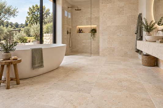 Illustrative Jerusalem Galala Ivory Light Cream honed limestone tiles in a spa bathroom