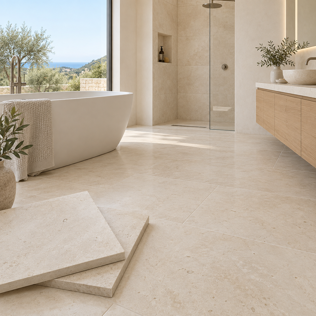 Galala Ivory Light Cream honed limestone tiles in a bright luxury bathroom