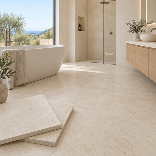 Galala Ivory Light Cream honed limestone tiles in a bright luxury bathroom