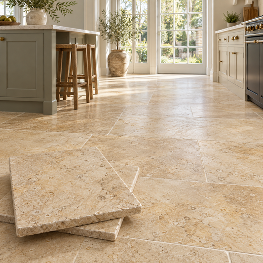 Jerusalem Sunny Egyptian tumbled limestone tiles in a warm neutral kitchen
