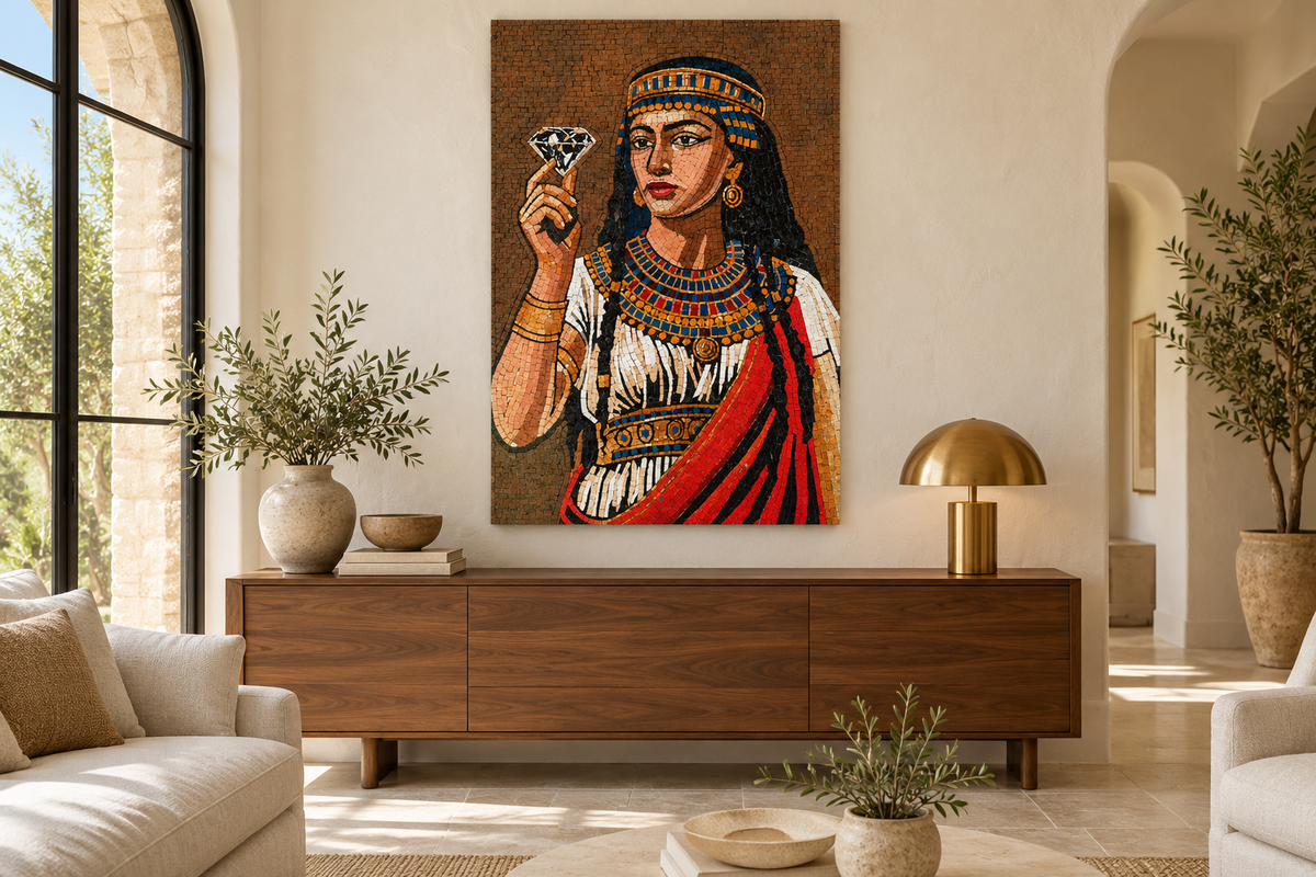 AI-generated home interior concept showing The Jewel of Alexandria mosaic panel