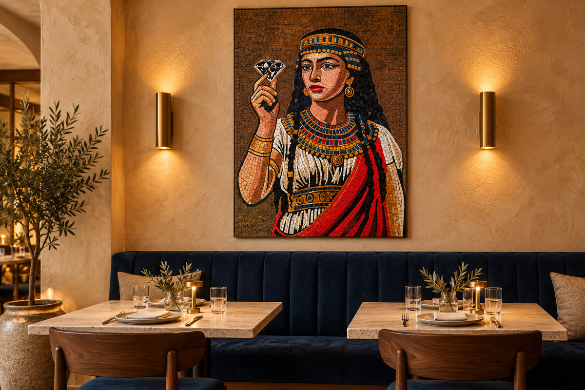 AI-generated restaurant interior concept showing The Jewel of Alexandria mosaic panel