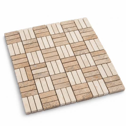 Light - Noche Honed Travertine Jenga Mosaic Tiles — angled sheet showing natural stone edges and mesh backing