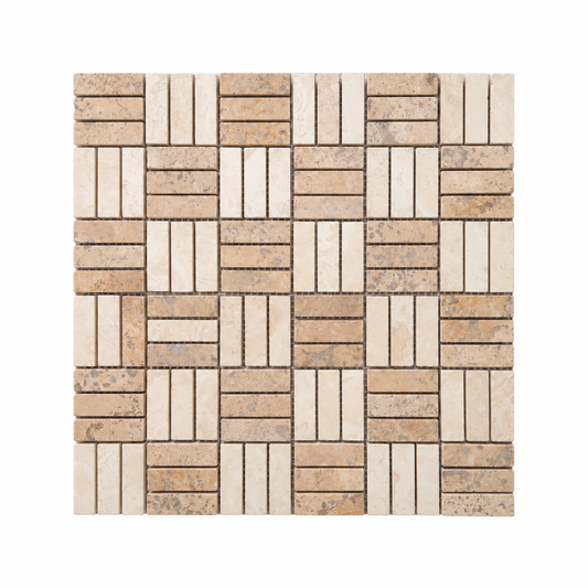 Light - Noche Honed Travertine Jenga Mosaic Tiles — full mesh-mounted sheet on a white background