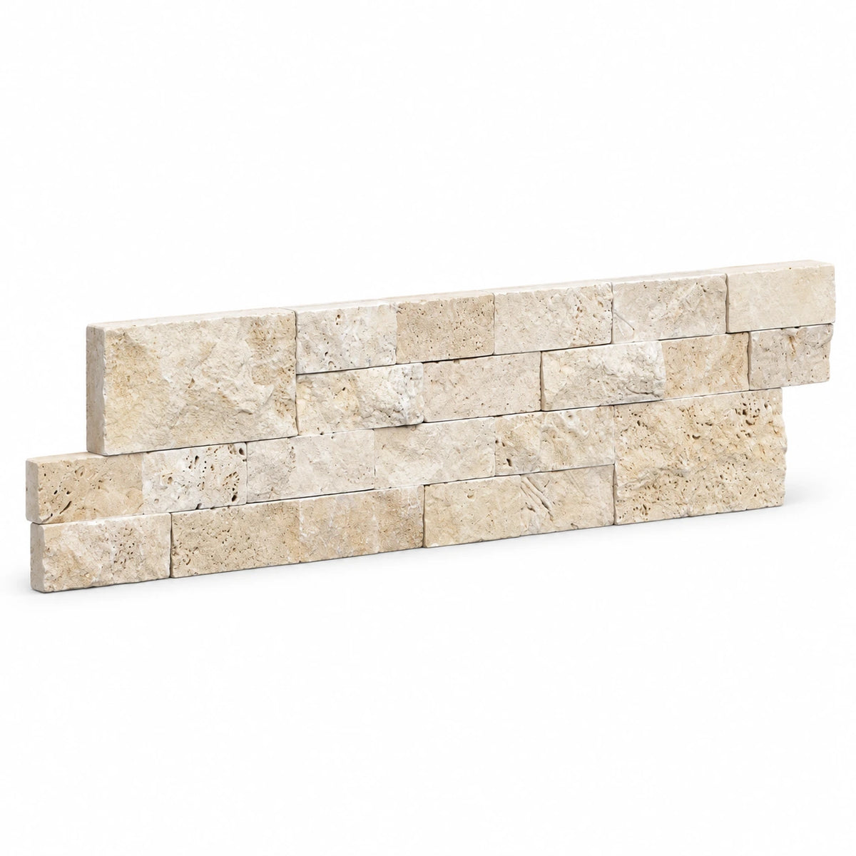 Angled view of a light travertine split face ledger panel with stepped ends on a white background.