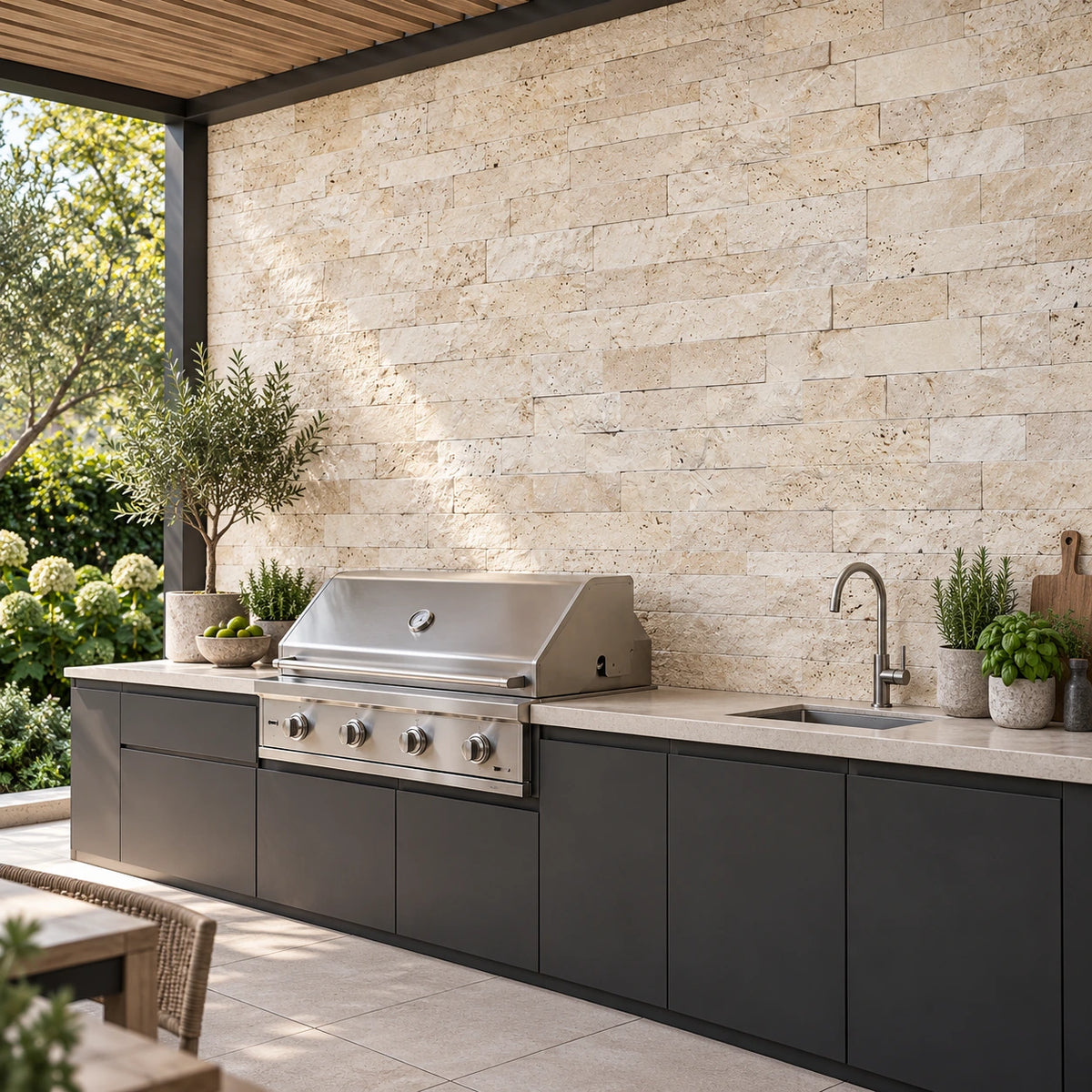 Light travertine split face wall cladding behind a barbecue and sink in a sheltered outdoor kitchen visualisation.
