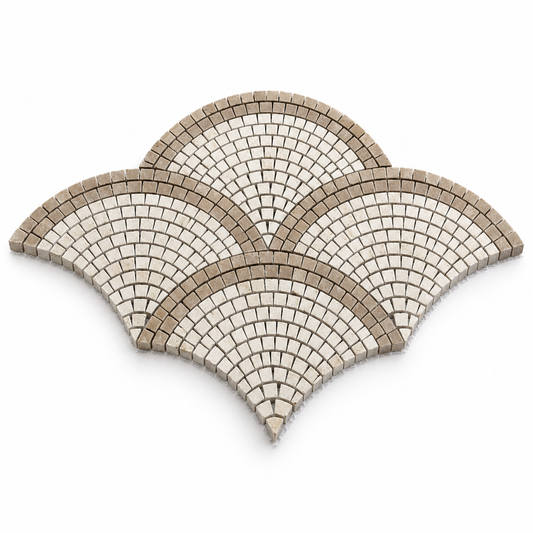 Limestone - Noche Travertine Fan / Scallop Honed Mosaic Tile — angled sheet showing natural stone edges and mesh backing
