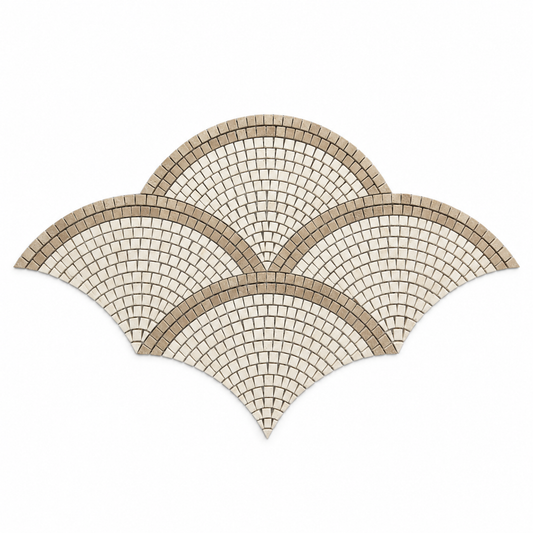 Limestone - Noche Travertine Fan / Scallop Honed Mosaic Tile — full mesh-mounted sheet on a white background