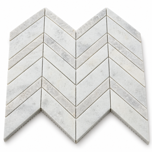 Long Island Carrara White - Grey Chevron Honed Mosaic Tiles — angled sheet showing natural stone edges and mesh backing