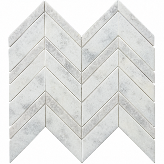Long Island Carrara White - Grey Chevron Honed Mosaic Tiles — full mesh-mounted sheet on a white background