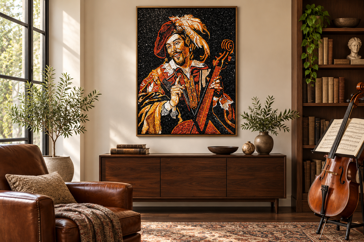 AI-generated home music room concept showing The Midnight Serenade mosaic panel