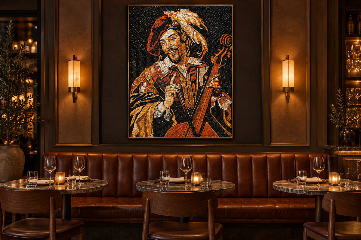 AI-generated restaurant interior concept showing The Midnight Serenade mosaic panel