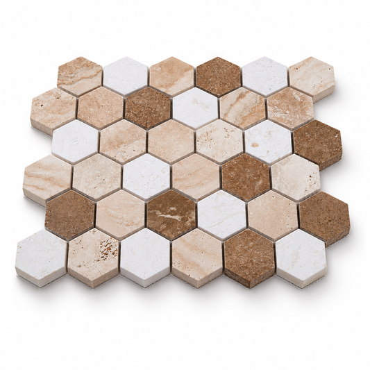 Mix Travertine Honed Hexagon Mosaic Tiles 48x48 — angled sheet showing natural stone edges and mesh backing