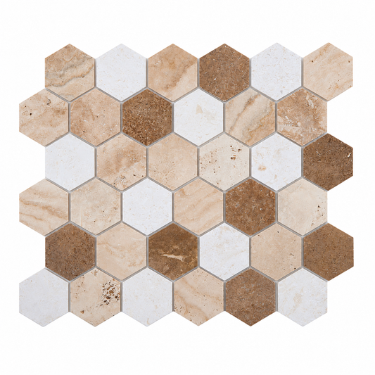 Mix Travertine Honed Hexagon Mosaic Tiles 48x48 — full mesh-mounted sheet on a white background
