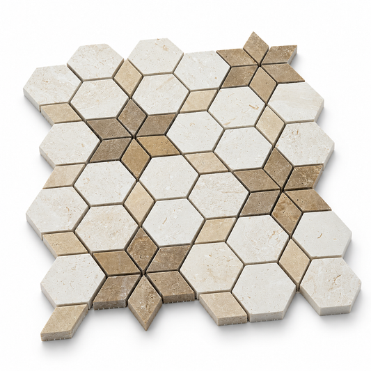 Mix Travertine Honed Starline Mosaic Tiles — angled sheet showing natural stone edges and mesh backing