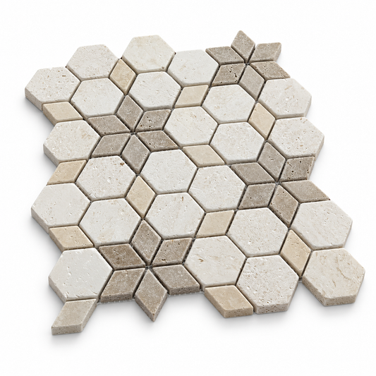 Mix Travertine Tumbled Starline Mosaic Tiles — angled sheet showing natural stone edges and mesh backing
