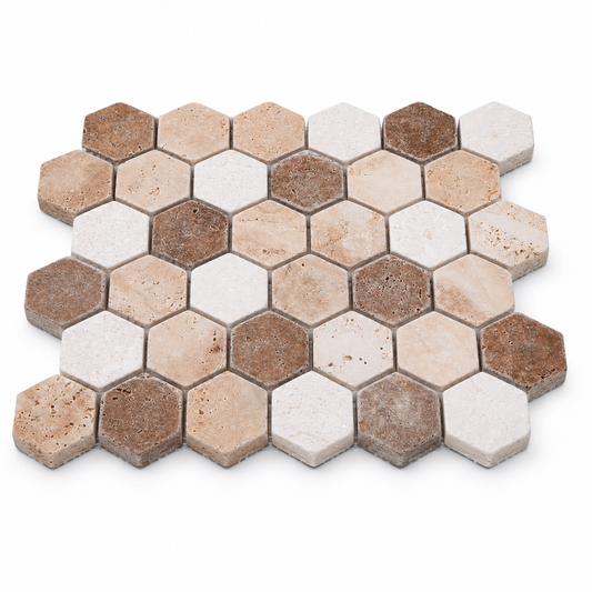 Mix Tumbled Travertine Hexagon Mosaic Tiles — angled sheet showing natural stone edges and mesh backing