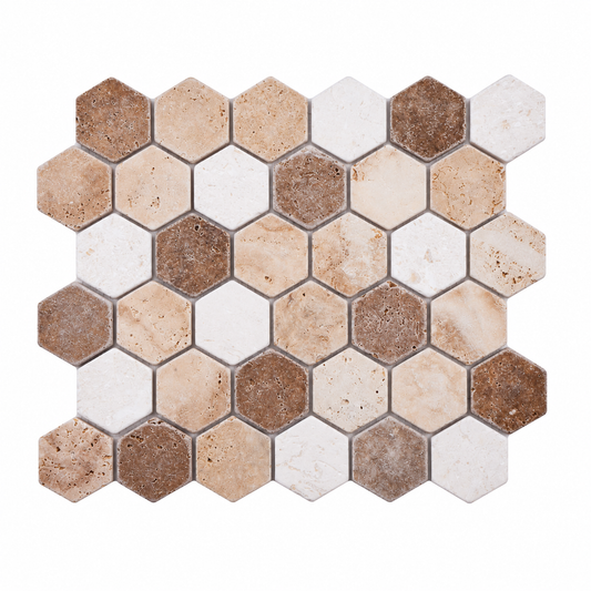 Mix Tumbled Travertine Hexagon Mosaic Tiles — full mesh-mounted sheet on a white background