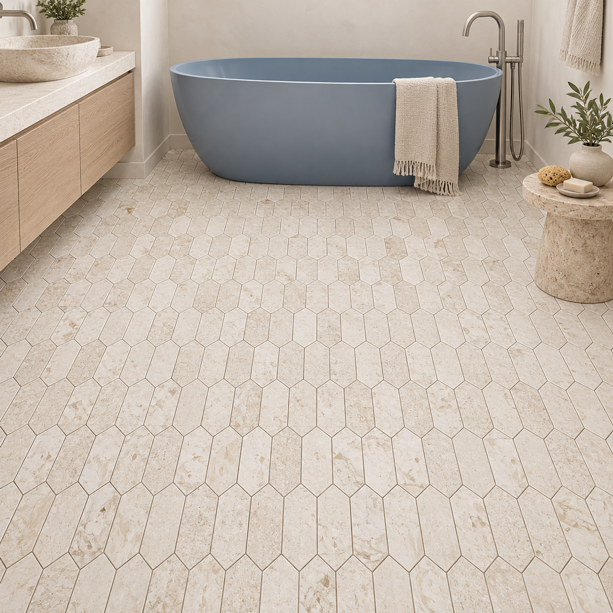 Myra Beige Brushed Limestone Picket Mosaic Tiles — picket mosaic floor in a windowless bathroom with a blue bath