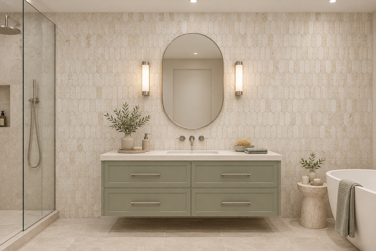 Myra Beige Brushed Limestone Picket Mosaic Tiles — vertical picket mosaic on a windowless bathroom vanity wall