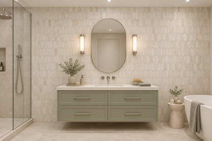 Myra Beige Brushed Limestone Picket Mosaic Tiles — vertical picket mosaic on a windowless bathroom vanity wall
