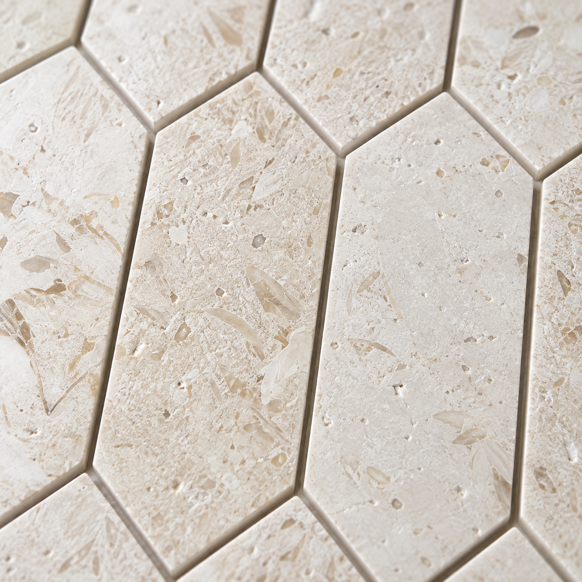 Myra Beige Brushed Limestone Picket Mosaic Tiles — close-up of brushed limestone and natural fossil markings