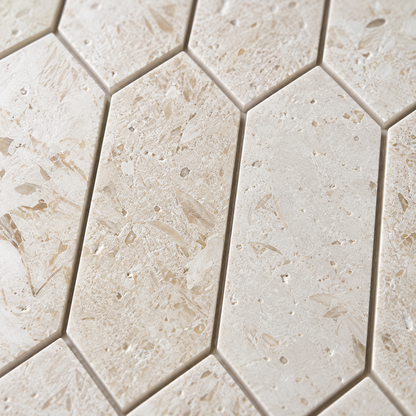 Myra Beige Brushed Limestone Picket Mosaic Tiles — close-up of brushed limestone and natural fossil markings