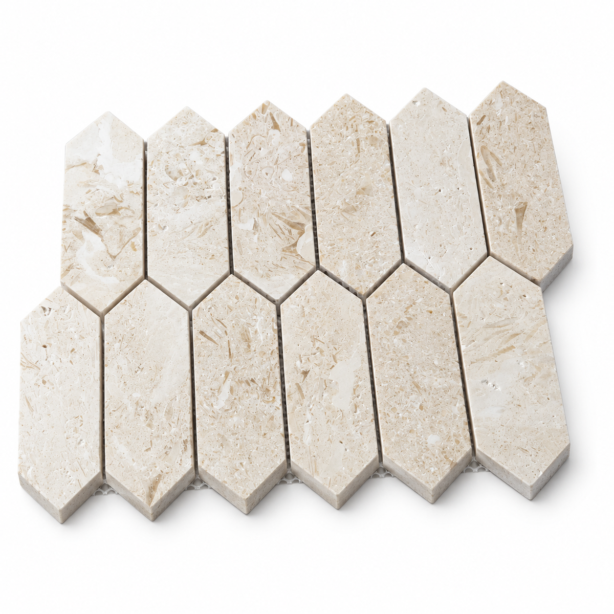 Myra Beige Brushed Limestone Picket Mosaic Tiles — angled sheet with 10 mm stone edges and mesh backing