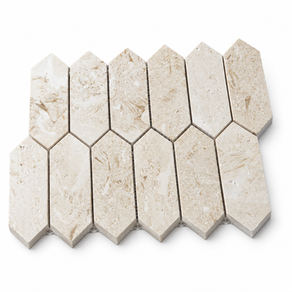 Myra Beige Brushed Limestone Picket Mosaic Tiles — angled sheet with 10 mm stone edges and mesh backing