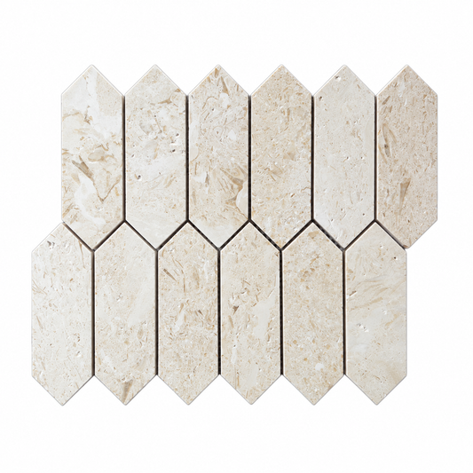 Myra Beige Brushed Limestone Picket Mosaic Tiles — complete sheet on a white background