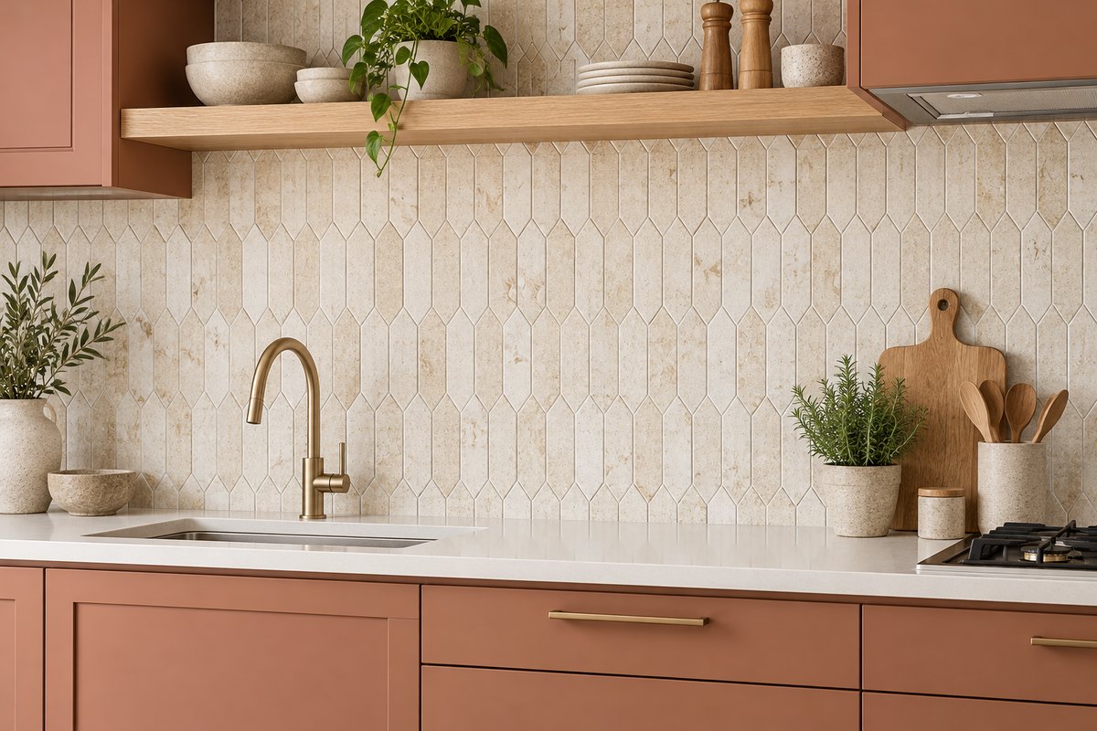 Myra Beige Brushed Limestone Picket Mosaic Tiles — picket mosaic kitchen splashback above a white worktop
