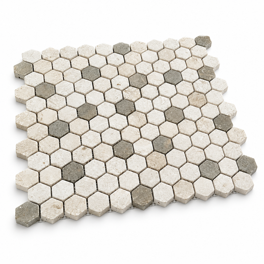 Myra Limestone - Rustic Green Brushed Hexagon Mosaic Tile — angled sheet showing 10 mm natural stone edges