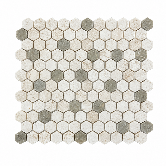 Myra Limestone - Rustic Green Brushed Hexagon Mosaic Tile — complete mesh-mounted sheet on white
