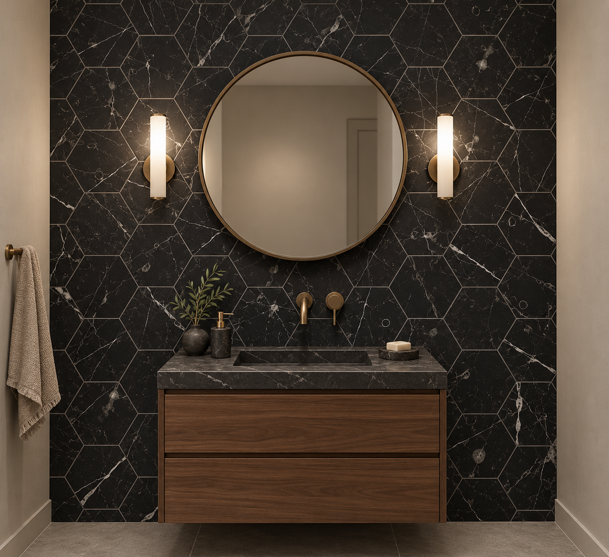 Nero Marquina Honed Hexagon Marble Wall & Floor Tiles: installed on a windowless bathroom vanity wall