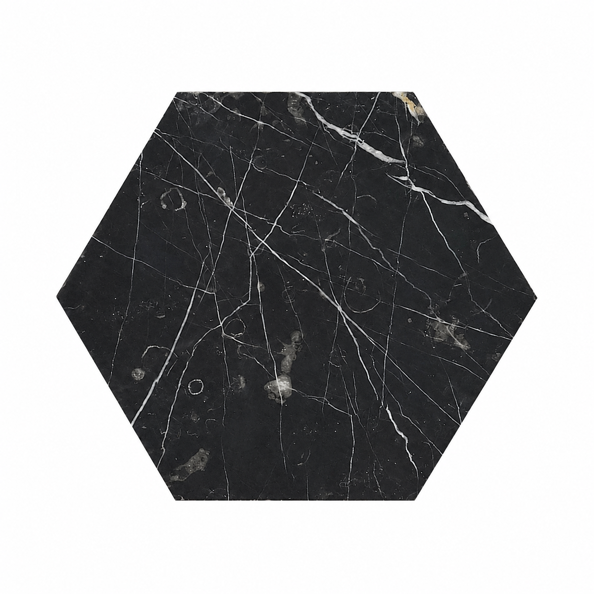 Nero Marquina Honed Hexagon Marble Wall & Floor Tiles: front view of one loose natural stone tile