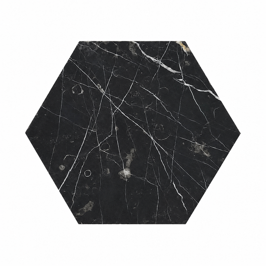 Nero Marquina Honed Hexagon Marble Wall & Floor Tiles: front view of one loose natural stone tile