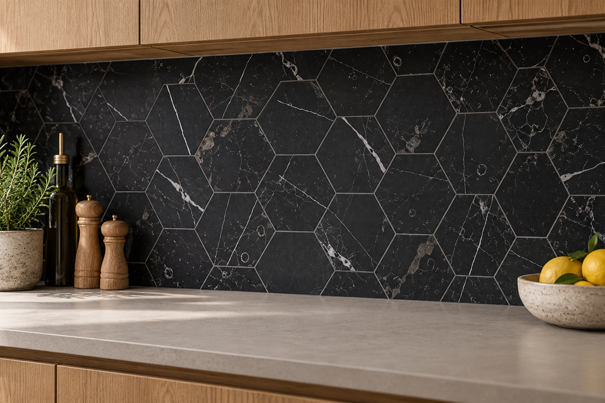 Nero Marquina Honed Hexagon Marble Wall & Floor Tiles: installed as a kitchen splashback