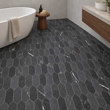 Nero Marquina Honed Marble Picket Mosaic Tiles — black picket mosaic floor in a windowless bathroom
