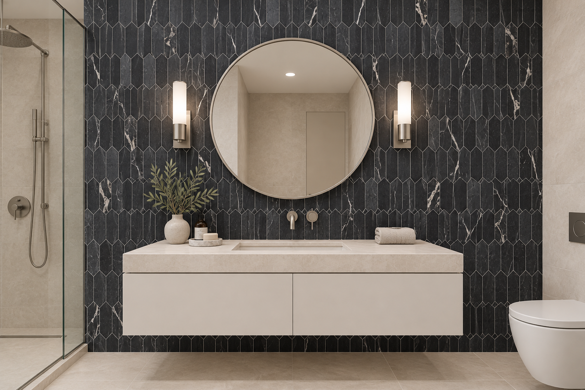 Nero Marquina Honed Marble Picket Mosaic Tiles — black picket mosaic vanity wall in a windowless bathroom