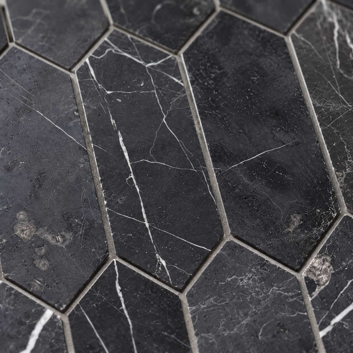 Nero Marquina Honed Marble Picket Mosaic Tiles — close-up of honed black marble and natural white veins