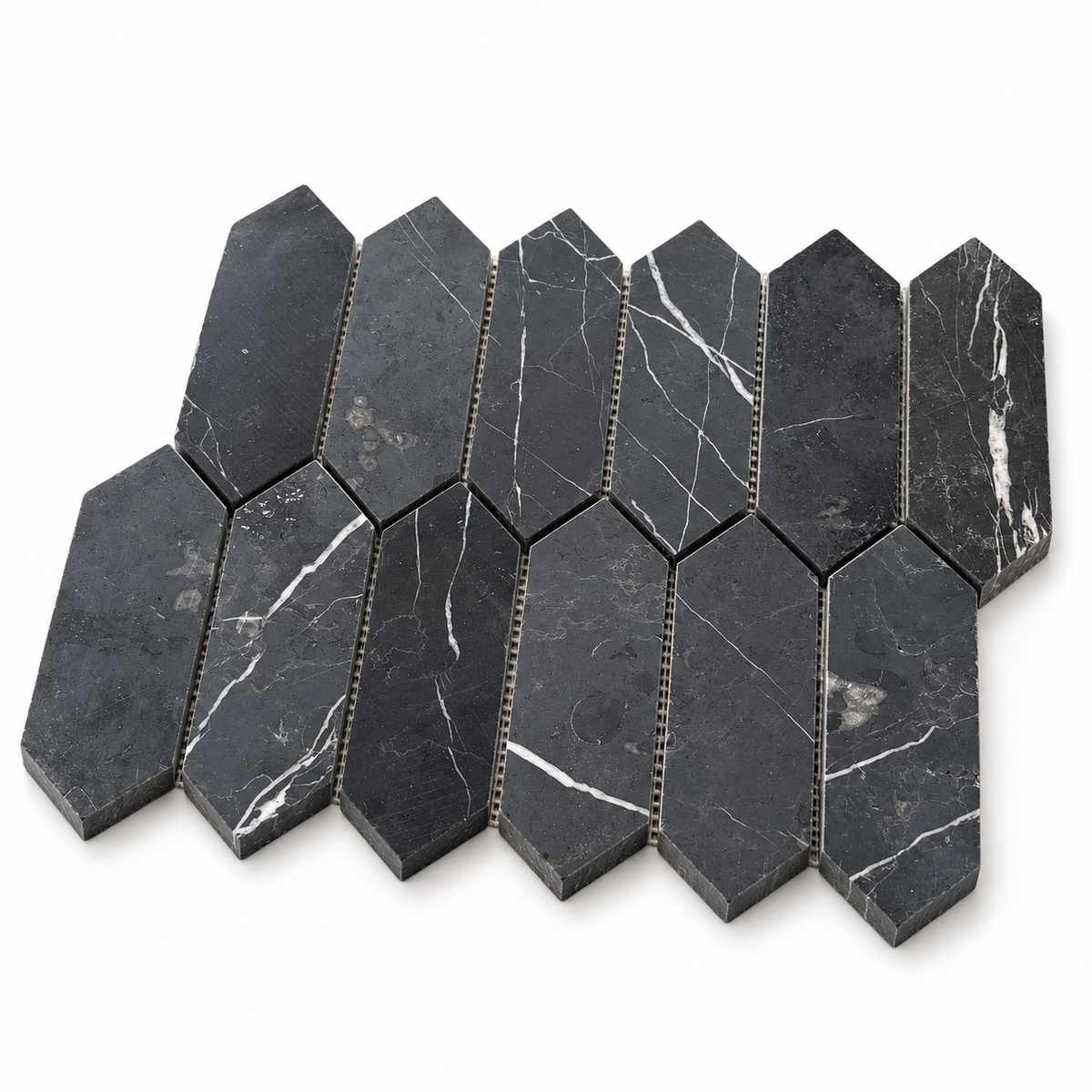 Nero Marquina Honed Marble Picket Mosaic Tiles — angled sheet with 10 mm edges and mesh backing