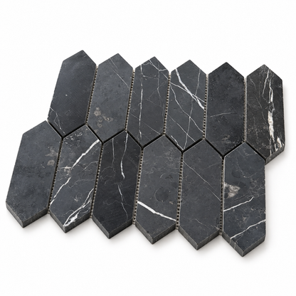Nero Marquina Honed Marble Picket Mosaic Tiles — angled sheet with 10 mm edges and mesh backing