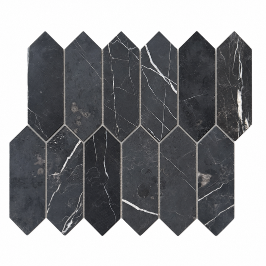 Nero Marquina Honed Marble Picket Mosaic Tiles — complete sheet on white